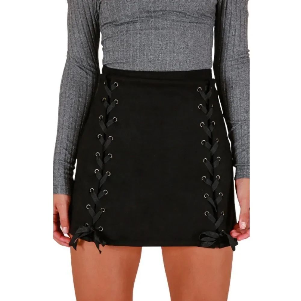 Black Faux Suede Lace Up Skirt